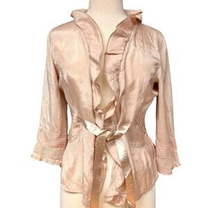 women's Jaqueline Riu blush pink viscose tie front jacket cardigan ruffle sz 2